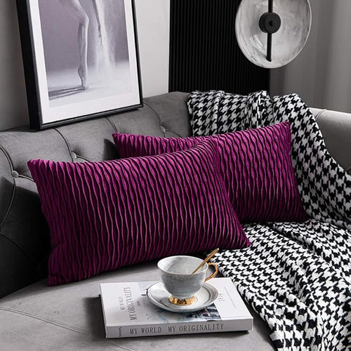 12x20 Purple Throw Pillow Cases: 2 Pack Original Striped Velvet Rectangular Decorative Pillow Covers for Farmhouse Couch