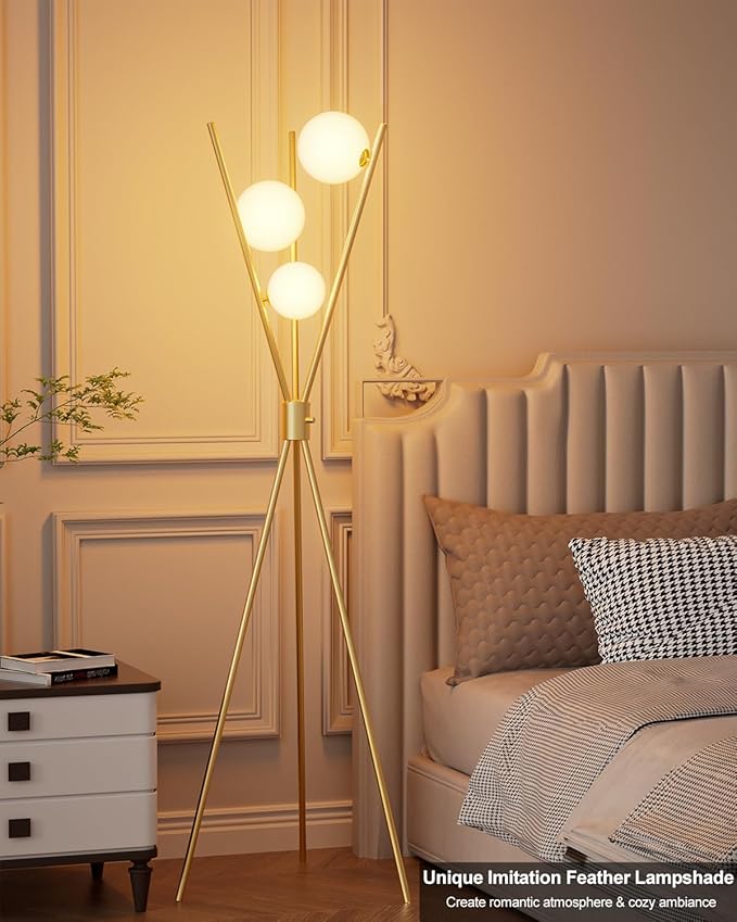 Lightdot Tripod Floor Lamp Stepless Dimmable Globe Modern Floor Lamp Gold Standing Lamps with 3PCS 3000K Bulbs Included Mid Century Modern Floor Lamps for Living Room/Bedroom/Sofa Beside/Corner Decor