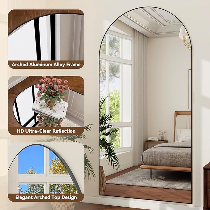 MISSDAY Oversized Arched Full Length Mirror, 81"x41" Black Full Body Mirror with Stand, Floor Mirror Large Free Standing, Leaning or Hanging, Aluminum Frame Mounted Mirrors Wall Mirrors for Bedroom