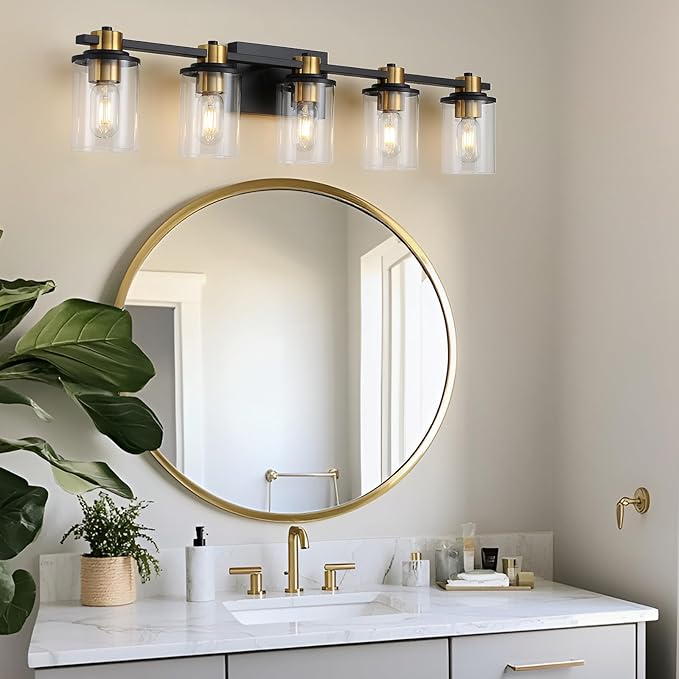 LOUSACE 5 Light Bathroom Vanity Light Black and Gold Bathroom Lighting Fixtures Over Mirror with Clear Glass, Brushed Gold Socket Wall Vanity Lighting Fixtures for Bedroom Living Room