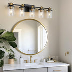LOUSACE 5 Light Bathroom Vanity Light Black and Gold Bathroom Lighting Fixtures Over Mirror with Clear Glass, Brushed Gold Socket Wall Vanity Lighting Fixtures for Bedroom Living Room