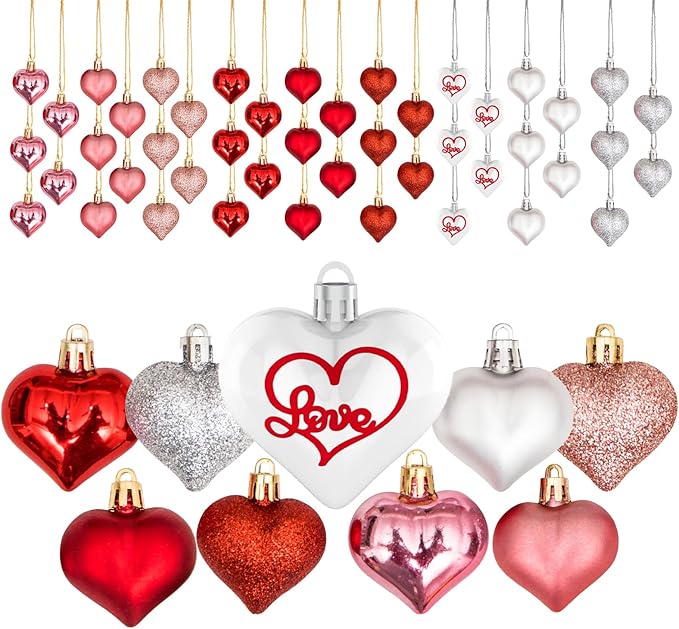 45Pcs Valentine's Day Heart Shaped Ornaments, Heart Shaped Baubles Red Pink Glitter White Silver Hanging Decorations for Valentine's Day Christmas Wedding Anniversary(9 Styles)