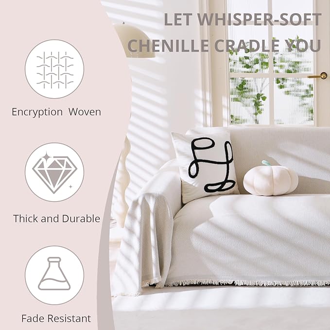 Couch Cover for Dogs, Non Slip Sofa Cover, Washable Couch Covers, 2 Cushion Sofa for Dogs Furniture Protector with Tassels Chenille Sofa Covers for Pets (Tassel Beige, 71" x 102")