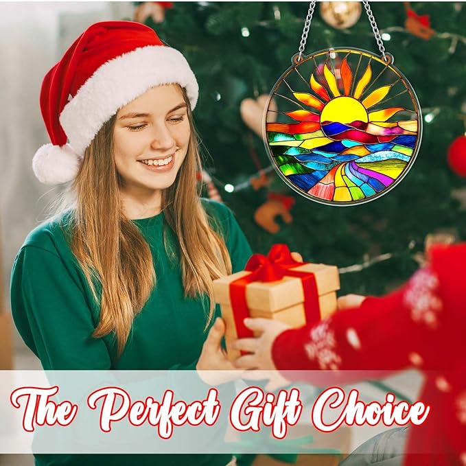 Acrylic Suncatcher for Windows, Colorful Acrylic Hanging Ornament for Indoor Home Decor, Sun Catcher with Sun Mountain Landscape, Ornament