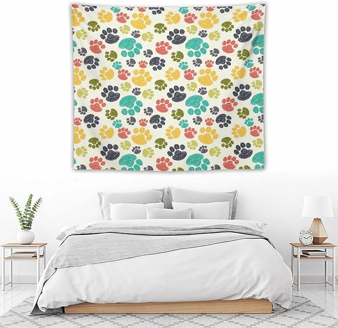 VUMIVI Dog Paw Tapestry Hand Painted Colorful Animal Footprints Doodle Kids Painting Tapestry Wall Hanging for Living Room Bedroom Dorm Classroom Aesthetic Decor W60xL50in