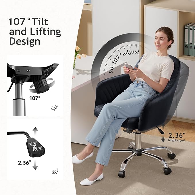 Warmiehomy Velvet Desk Chair for Home Office, Modern Adjustable Swivel Task Chair, Women Vanity Chairs with Arm Rest for Bedroom Dressing Room, Black