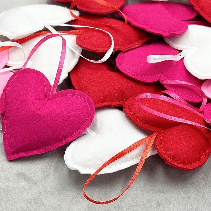 Felt Heart Ornament, 24Pcs Valentines Day Felt Heart Hanging Ornaments Red Pink Hearts Shaped Ornament Bulk for Valentine Day Wedding Anniversary Party Decorations