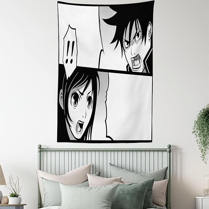 Ambesonne Anime Tapestry, Japanese Comics Strip Boy and Girl Fight Scene Manga Image Cartoon Print, Wall Hanging for Bedroom Living Room Dorm Decor, 40" X 60", Black White Grey