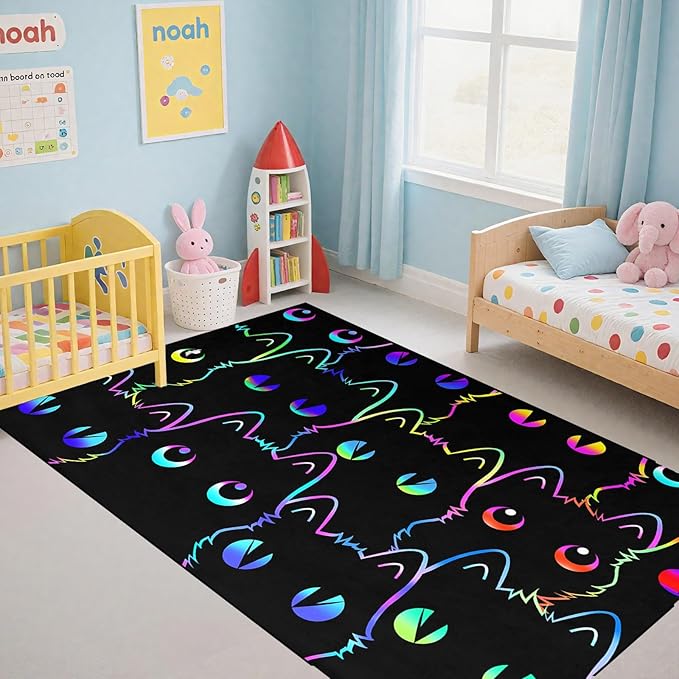 Black Cat Rug for Bedroom, Kids Cat Carpet for Girls Room Decor, Funny Cats Rugs Room Decor Playroom Cute Cats Themed Kids Area Rug Washable Non Slip Childrens Bedroom Mat 2.5x4 Feet