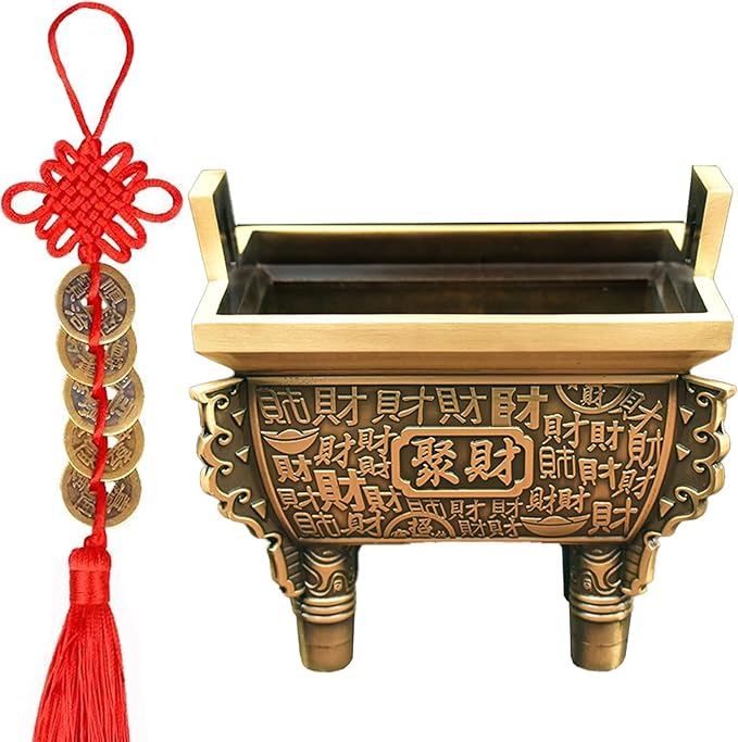 Brass Feng Shui Money Frog Three Legged Wealth Traditional Frog Money Toad Statue with Set of 5 Lucky Charm Ancient Coins on Red String Home Car Fengshui Decor (E1 Wealth Quadripod)