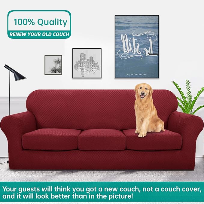 YEMYHOM Latest Checkered 4 Pieces Couch Covers for 3 Cushion Couch Extra Large High Stretch Thickened Sofa Cover for Dogs Anti Slip Furniture Protector Sofa Slipcovers (Wine Red), 91"-110"(3 CUSHIONS)
