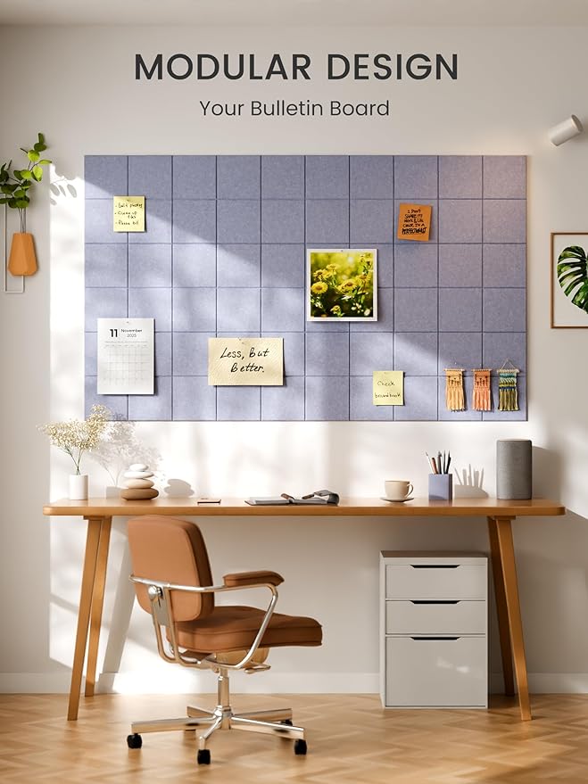 Bumusty Large Felt Bulletin Board, 48" x 36" Cork Board Alternative, 12-Pack Wall Tiles with 4-Compartment Design, 30 Push Pins, 70 Adhesive Tabs, Ideal for Office & Home Decor, Soft Periwinkle