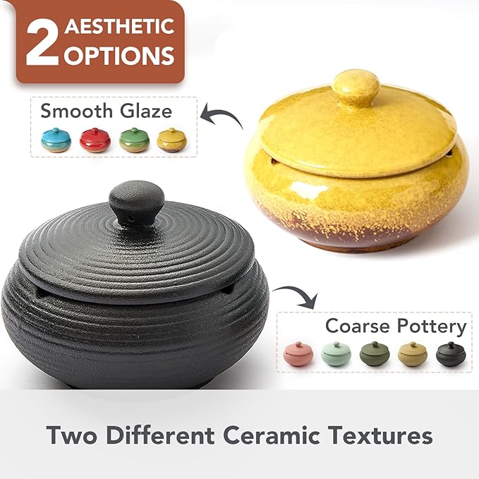 Ashtray with Lid for Outside Patio, Windproof Ash tray, Ceramic Smokeless Ashtray for Outdoor Home Office Tabletop Patio Outdoor Balcony, Yellow