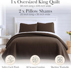 Southshore Fine Living, Inc. Oversized King Quilt Bedding Set, Soft Brushed Microfiber Bedspread, Pet Hair Resistant Bedding, California/King Quilt Coverlet Set with 2 Shams, Chocolate Brown