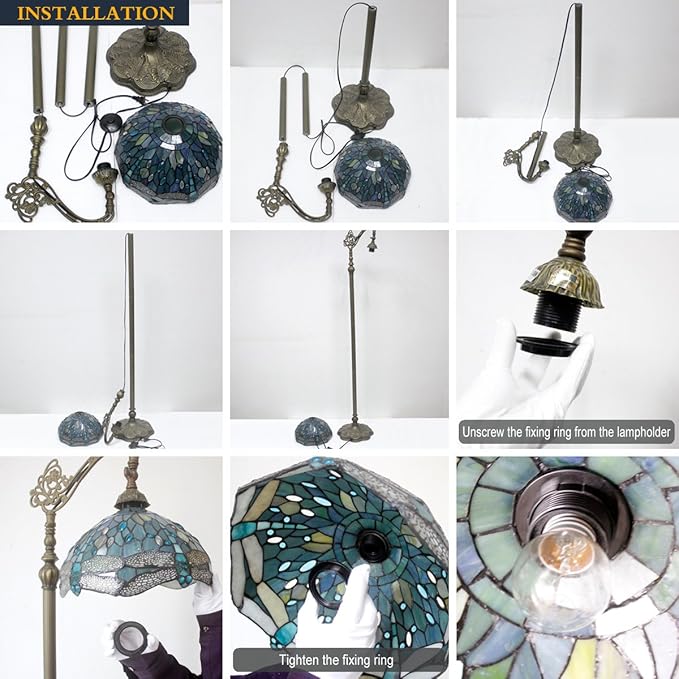 WERFACTORY Tiffany Floor Lamp Cream Stained Glass Dragonfly Arched Lamp 12X18X64 Inches Gooseneck Adjustable Corner Standing Reading Light Decor Bedroom Living Room S139 Series
