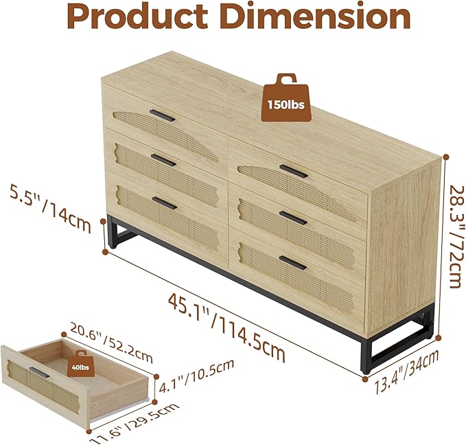Mericonia 6 Drawer Double Dresser for Bedroom, Rattan Chest of Drawers, Modern Wooden Dresser Chest with Metal Frame for Bedroom, Living Room, Hallway and Entryway, Oak