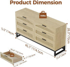 Mericonia 6 Drawer Double Dresser for Bedroom, Rattan Chest of Drawers, Modern Wooden Dresser Chest with Metal Frame for Bedroom, Living Room, Hallway and Entryway, Oak