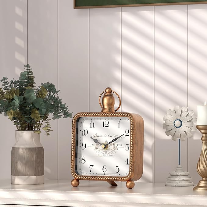 Vintage Gold Table Clock on Stand, Desk and Shelf Decor Clock, French Rustic Style Mantel Clocks for Farmhouse, Living Room, Bedroom, Bedside, Gift (8.5" H x 5.5" W)