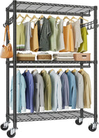 VIPEK R2 Plus Heavy Duty Rolling Garment Rack 3 Tiers Adjustable Wire Shelving Clothes Rack with Double Rods and Side Hooks, Freestanding Wardrobe Storage Rack Metal Clothing Rack, Black