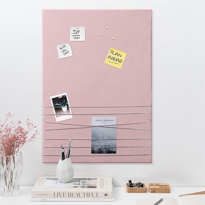 Navaris Fabric Memo Bulletin Board - 12" x 17" Velvet Memory Board for Wall to Display Photo Collages, Pictures, Notes - Includes 6 Push Pins - Pink
