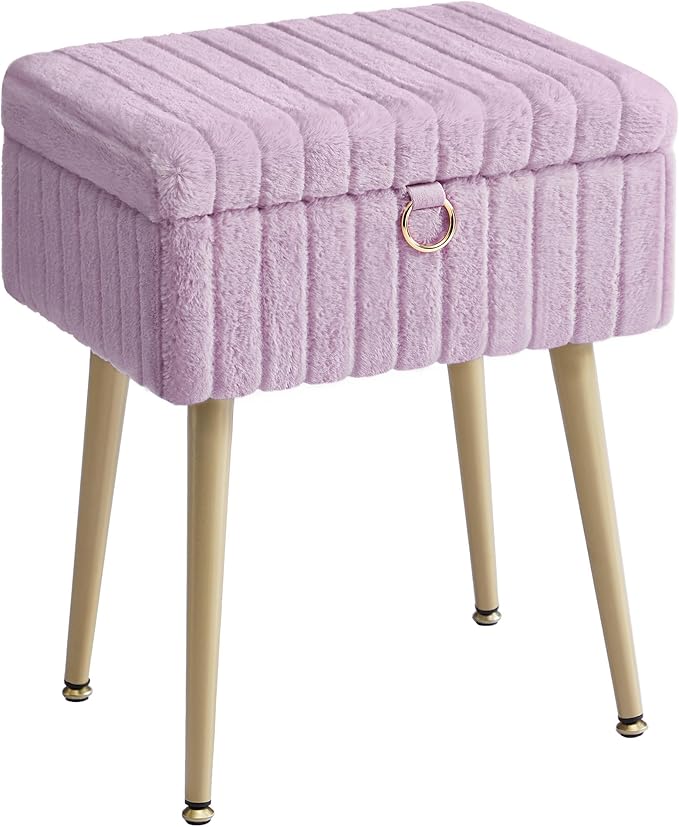 SONGMICS Vanity Stool Chair with Storage, Makeup Stool, Footrest Footstool Ottoman, Metal Legs, Adjustable Feet, for Living Room, Bedroom, Makeup Room, Light Lilac ULOM505PZ02
