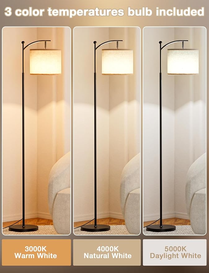 Ambimall Tall Floor Lamps with 3 Color Temperatures Bulb & Adjustable Linen Shade, for Living Room, Bedroom, Office, Classroom, Dorm Room (9W Bulb Included), Beige & Black, 60"