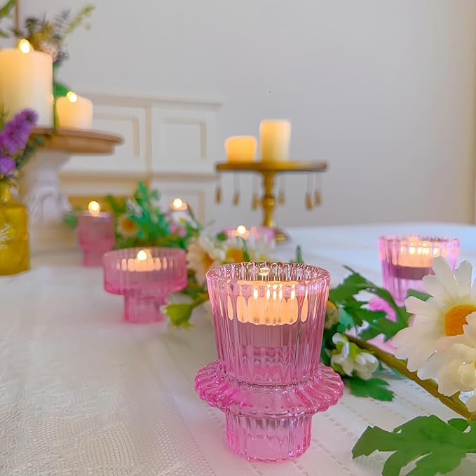 Double Sided Vintage Ribbed Taper Glass Candle Holders,Tea Candle Holder for Table Centerpieces, Wedding Decorations and Dinner Parties (Pink, 6 PCS)