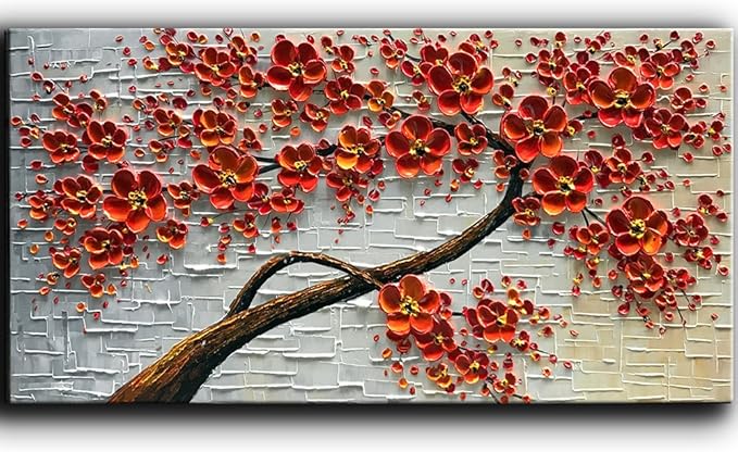 YaSheng Art - hand-painted Oil Painting On Canvas Texture Palette Knife Red Flowers Paintings Modern Home Decor Wall Art Painting Colorful 3D Flowers Tree Paintings Ready to hang 24x48inch
