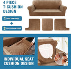 Sofa Cover 4 Piece T Cushion Sofa Slipcovers Thick Velvet Couch Cover Furniture Protector Stretch Sofa Covers for 3 Cushion Couch with 3 Individual T Cushion Covers Washable, Camel