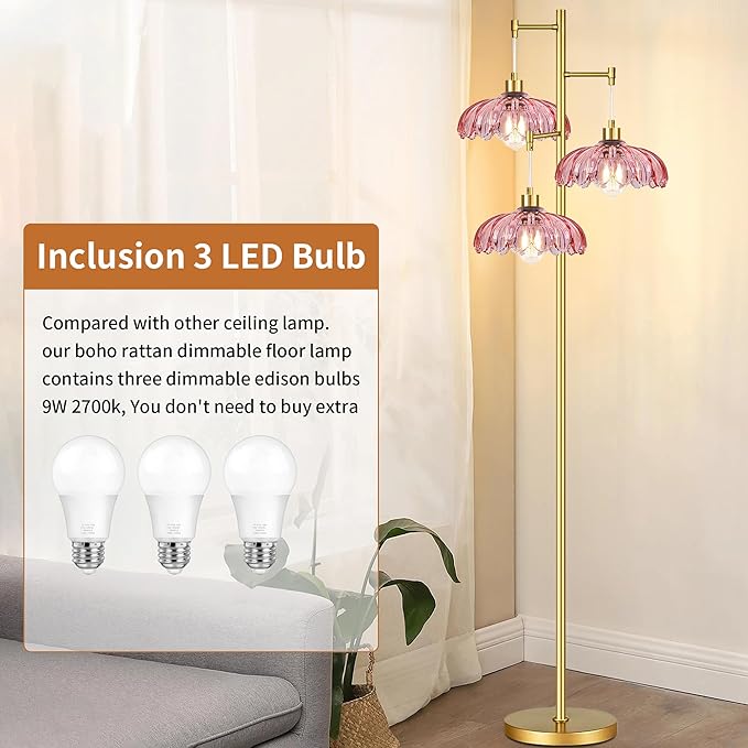 Pink Floor Lamp for Living Room,Bedroom,Gold Flower Mid Century Modern Standing Lamp Brass Tree 3 Light Tall Floor Lamps Vintage Floor Lights Glass Lamp Shade Farmhouse Boho Bohemian