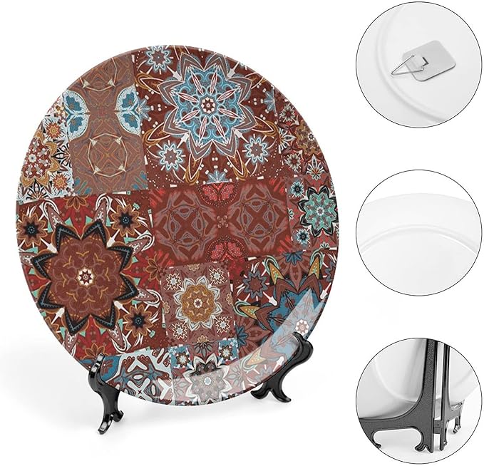 7 Inch Decorative Plate, Mandala Round Porcelain, Classic Victorian Floral Authentic Motives Tribal Print Ceramic Display Plate for Decorative Ornaments Giving Plates, 1 Plate with 1 Display Stand