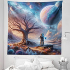 Ambesonne Space Tapestry Queen Size, Lonely Astronaut in a Surreal Planet Pastel Celestial Forms Dried Tree, Wall Hanging Bedspread Bed Cover Wall Decor, 88" X 88", Blue Pale Orange Mauve