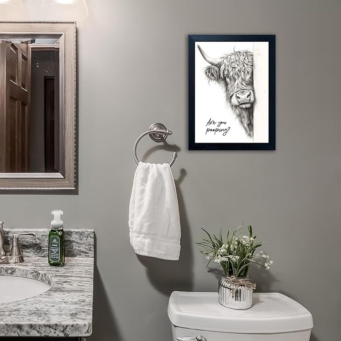 Funny Highland Cow Bathroom Wall Art - Rustic Farmhouse Wall Decor with Humorous Are You Pooping Canvas Print, Cute Animal Canvas Art for Restroom - Black Framed Cow Pictures Wall Decor Ready to Hang 16"x20"
