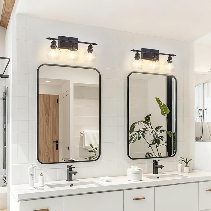 3-Light Bathroom Light Fixtures Matte Black Vanity Light Over Mirror Modern Vanity Lighting with Clear Glass Globe Vintage Wall Sconce for Kitchen Living Room Hallway Bedroom