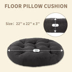 Meditation Floor Pillow, 2 Pack Round Floor Cushions for Adults, Button Tufted Seat Cushions for Yoga Tatami Living Room, Black, 22 x 22 x 4 in