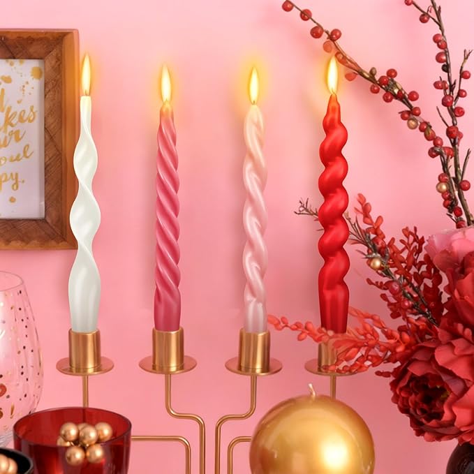 Nuanchu 4 Pcs 7.87 Inch Twisted Taper Candles Wax Unscented Smokeless Spiral Swirl Candlesticks for Wedding Holiday Dinner Party Home Decorations(Valentines Color)