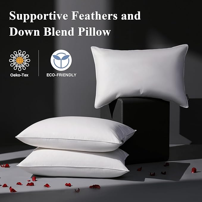 Goose Feather Down Pillow Queen Size Set of 2, Hotel Collection Bed Pillows for Sleeping, 2 Pack, Down Surrounded Soft Medium Firm Pillows for Side Back Sleepers 20 x 30 in.