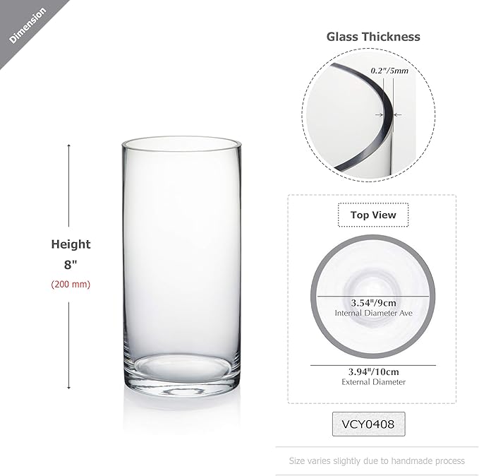 WGVI Quality Thick Weighted Clear Cylinder Glass Vases, 4" W x 8" H, Flower Arrangement Floating Candle Holders Wedding Centerpieces Terrarium Planter Floral Storage Container, Bulk Wholesale, 6 Pcs