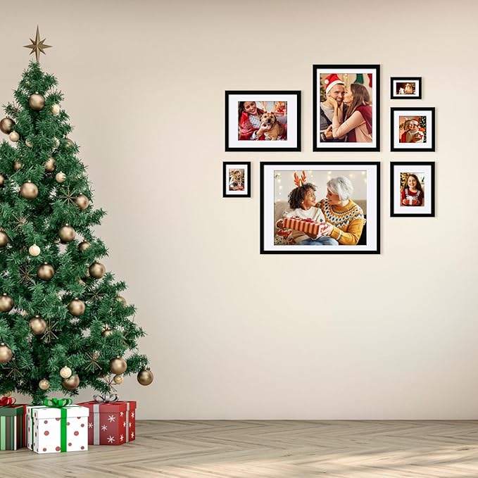 Egofine 4x6 Picture Frames Set of 4, Made of Solid Wood Covered by Plexiglass 3x4.5 and 3.5x5 with Mat or 4x6 without Mat, for Table Top Display and Wall Mounting Photo Frame Black