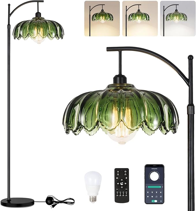 Glass Floor Lamp for Living Room,Bedroom,Gold Dimmable Standing Lamp with Remote,Mid Century Modern Brass Tall Lamp Boho Vintage Retro Floor Lamps Arc Green Flower Floor Light Lamp Bohemian