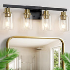 Bathroom Vanity Light, 4-Light Black and Gold Bathroom Light Fixtures with Clear Glass Shade, Bathroom Lighting Fixtures Over Mirror,Bath Black Wall Lights for Mirror Bedroom,Living Room