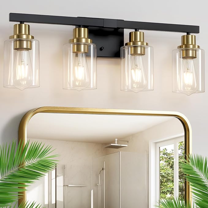 Bathroom Vanity Light, 4-Light Black and Gold Bathroom Light Fixtures with Clear Glass Shade, Bathroom Lighting Fixtures Over Mirror,Bath Black Wall Lights for Mirror Bedroom,Living Room