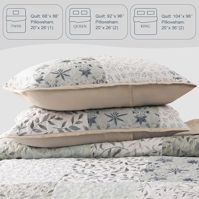 Exclusivo Mezcla Reversible Boho Quilts King Size, Gray Bedspreads Lightweight Coverlet All Season Patchwork Quilt Bedding Set with Printed Floral Pattern (1 Quilt, 2 Pillow Shams)