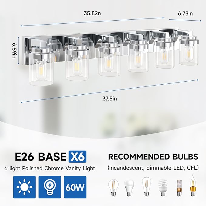 Vanity Light for Bathroom, 38" Farmhouse Bathroom Light Fixtures Over Mirror, 6 Light Vanity Lights with Clear Glass Shade, Modern Wall Lamps for Bedroom, Hallway