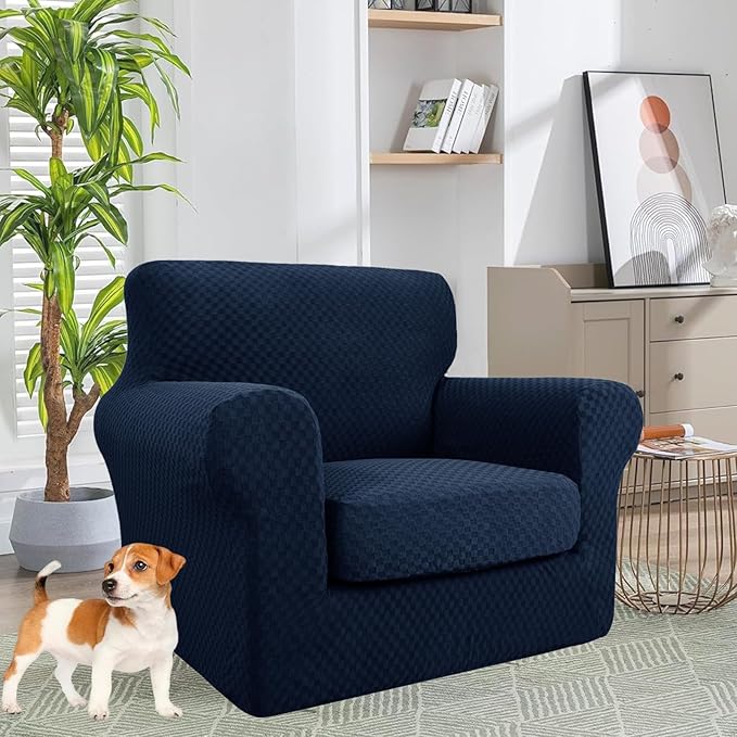 YEMYHOM Latest Checkered 2 Pieces Chair Covers for Living Room High Stretch Thickened Chair Slipcovers with Arms Anti Slip Elastic Armchair Sofa Couch Slipcover Protector (Navy), 31"-46"(1 Cushion)