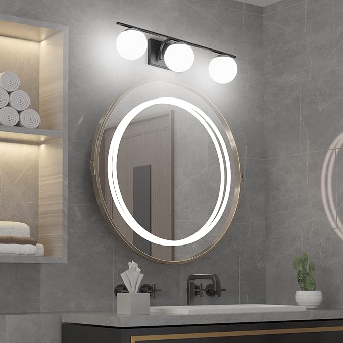 Ralbay Matte Black Bathroom Lights - 3-Light Mid Century Modern Vanity Lights with Milky Glass for Wall Lighting