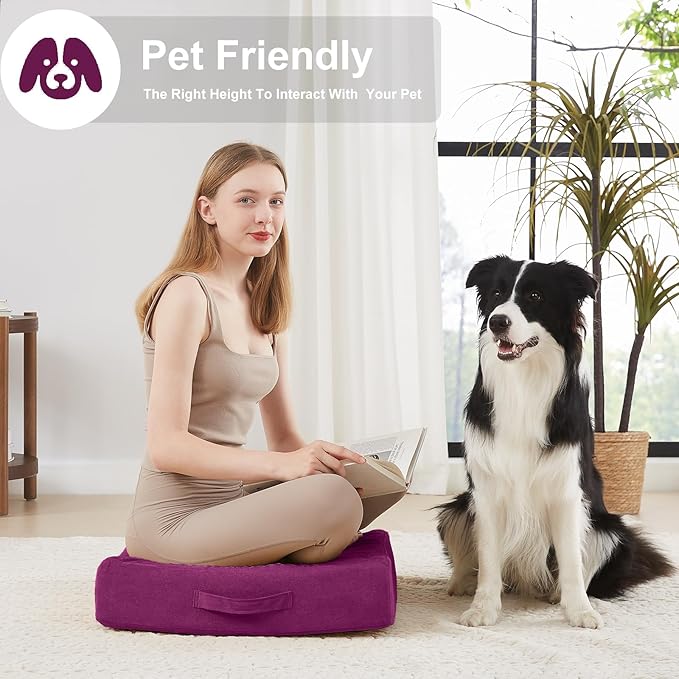 2 Pcs High Density Foam Floor Pillow - Upgraded Large Pillows Seating for Adults - Outdoor Floor Cushion with Soft Tufted Cover - Yoga Pillows for Sitting On Floor - 22 Inch Purple