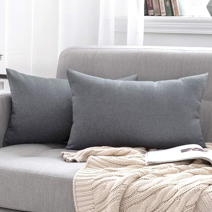 MIULEE Pack of 2 Decorative Outdoor Solid Waterproof Throw Pillow Covers Faux Linen Garden Farmhouse Cushion Cases for Patio Tent Balcony Couch Sofa 20x12 Inch Dark Grey