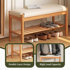 Solid Wood Shoe Bench with Cushion, 2-Tier Shoe Rack for Front Door Entrance, Enterway Benches with Shoe Storage (Natural, 23.6in)