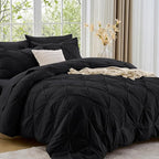 Sasttie King Size Comforter Set, 7-Piece Bed in a Bag, Pintuck Bedding Set for All Season, Includes Comforter, Flat Sheet, Fitted Sheet, Pillowcases and Pillowshams, Black
